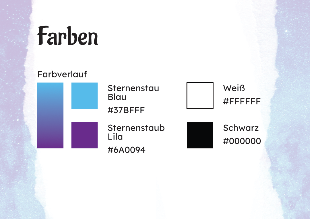 Farben. Sternstaub Blau, Sternstaub Lila sind die Hauptfarben, Schwarz und Weiß sind alternative Farben.