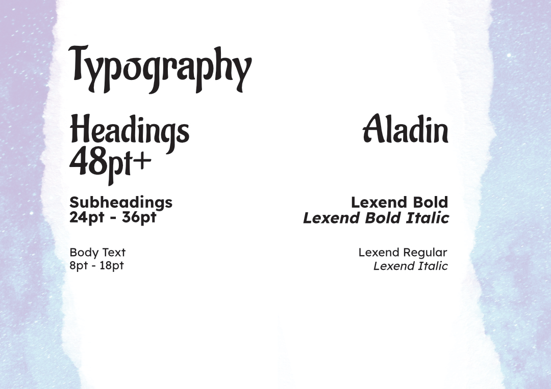 Typographie. Aladin als Oberschrift, und Sans Serif Lexend für kleinere Oberschrite und Körpertext.