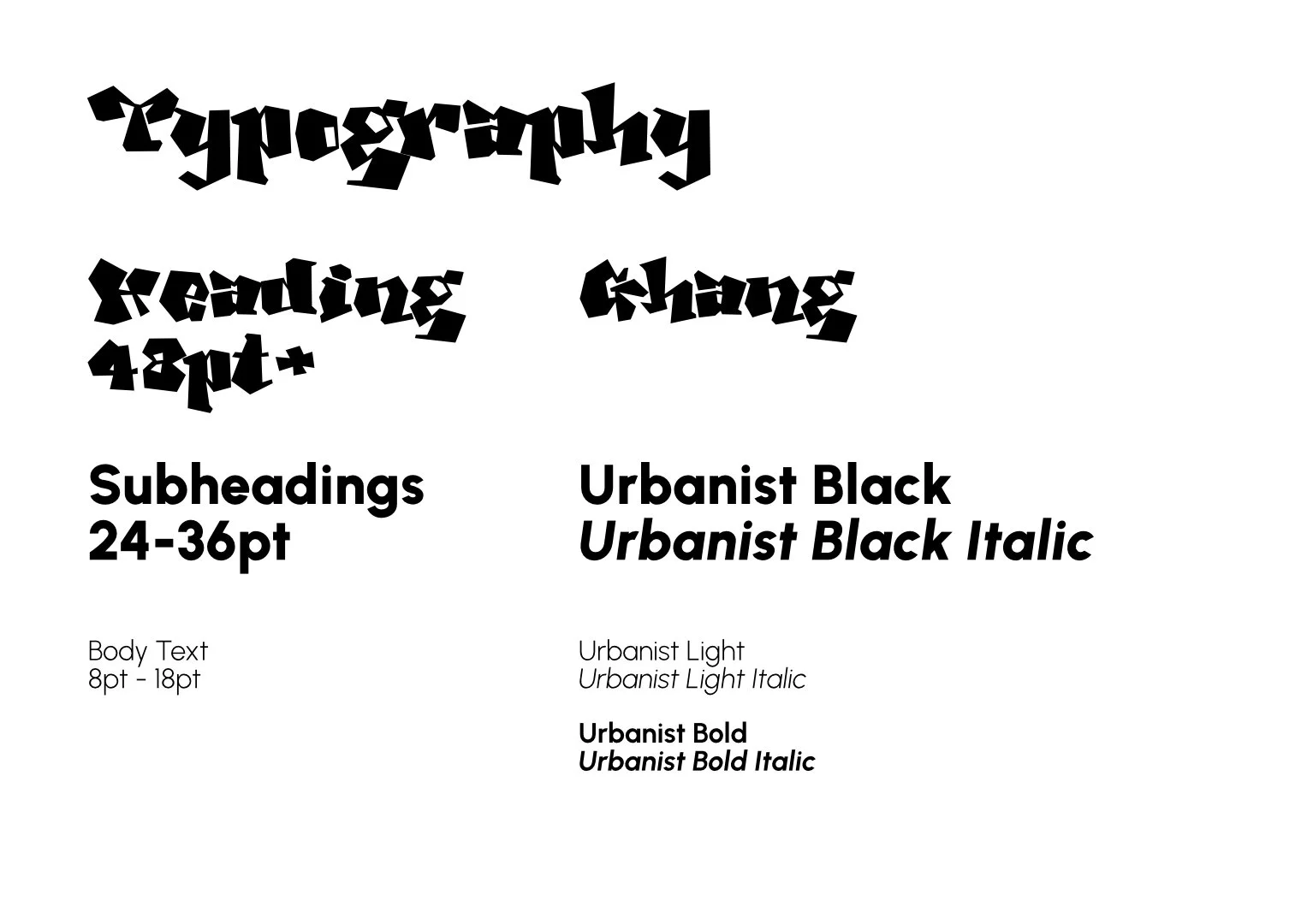 Typographie und Farben, mit Graffiti Ghang als Oberschrift und Sans Serif Urbanist für Körpertext.