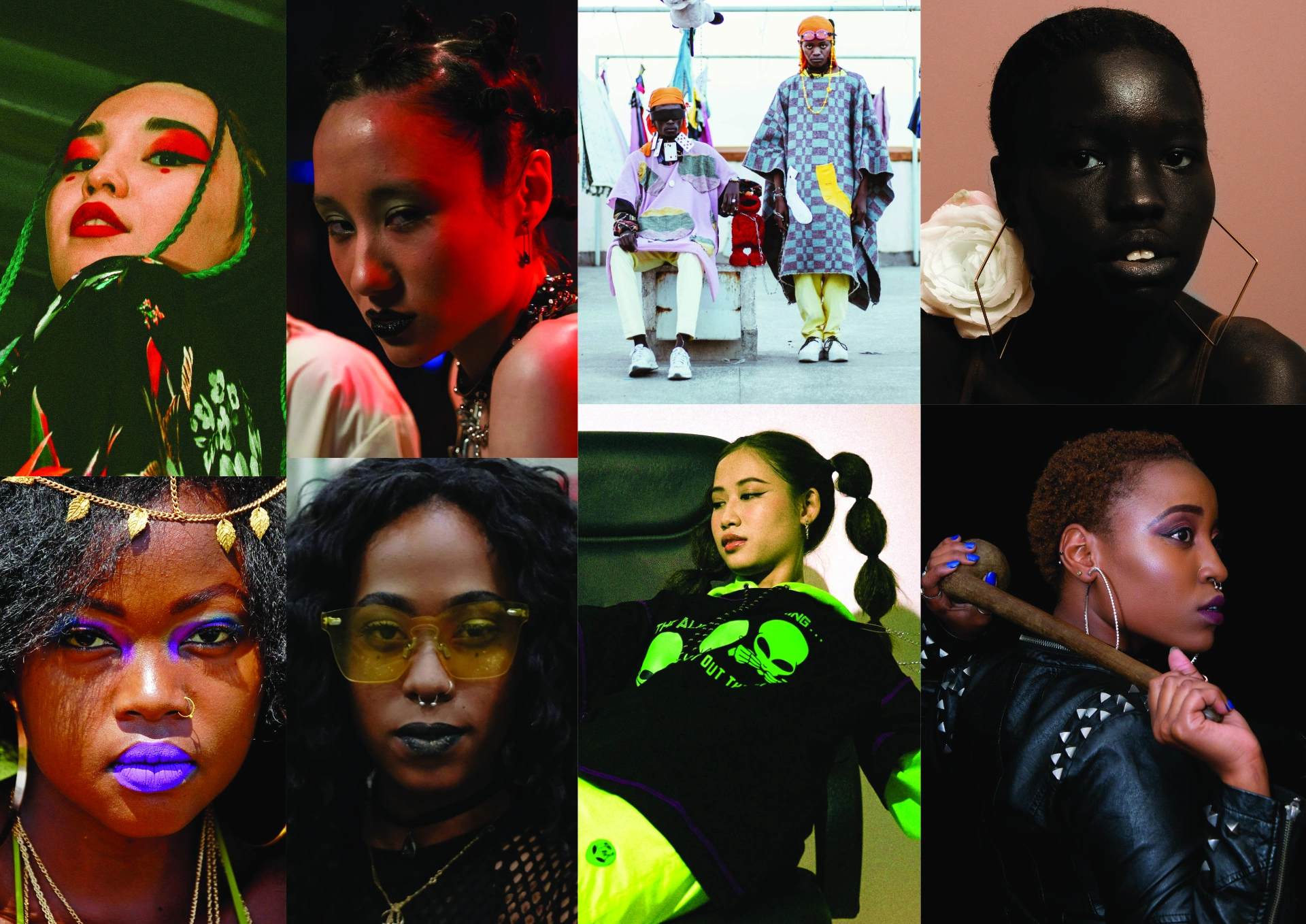 Moodboard. Gezeigt sind verschiedene Makeup brands und Menschen mit punk Fashion und ostentative Schminke mit brillianten Farben.