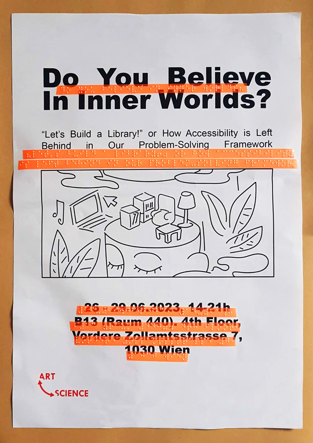 Den Poster mit orangen Braillesticker.