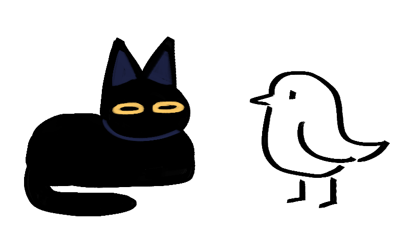 Eine Zeichnung von eine schwarze Katze und eine weisse Vogel.